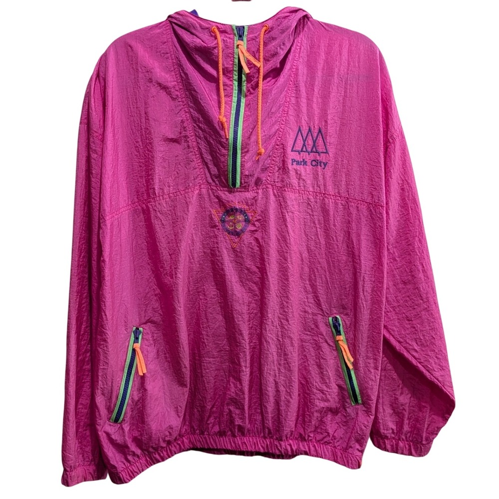 Vintage Womens Windbreaker L Pink Park City Neon  Pullover 80s 90s Winning Ways